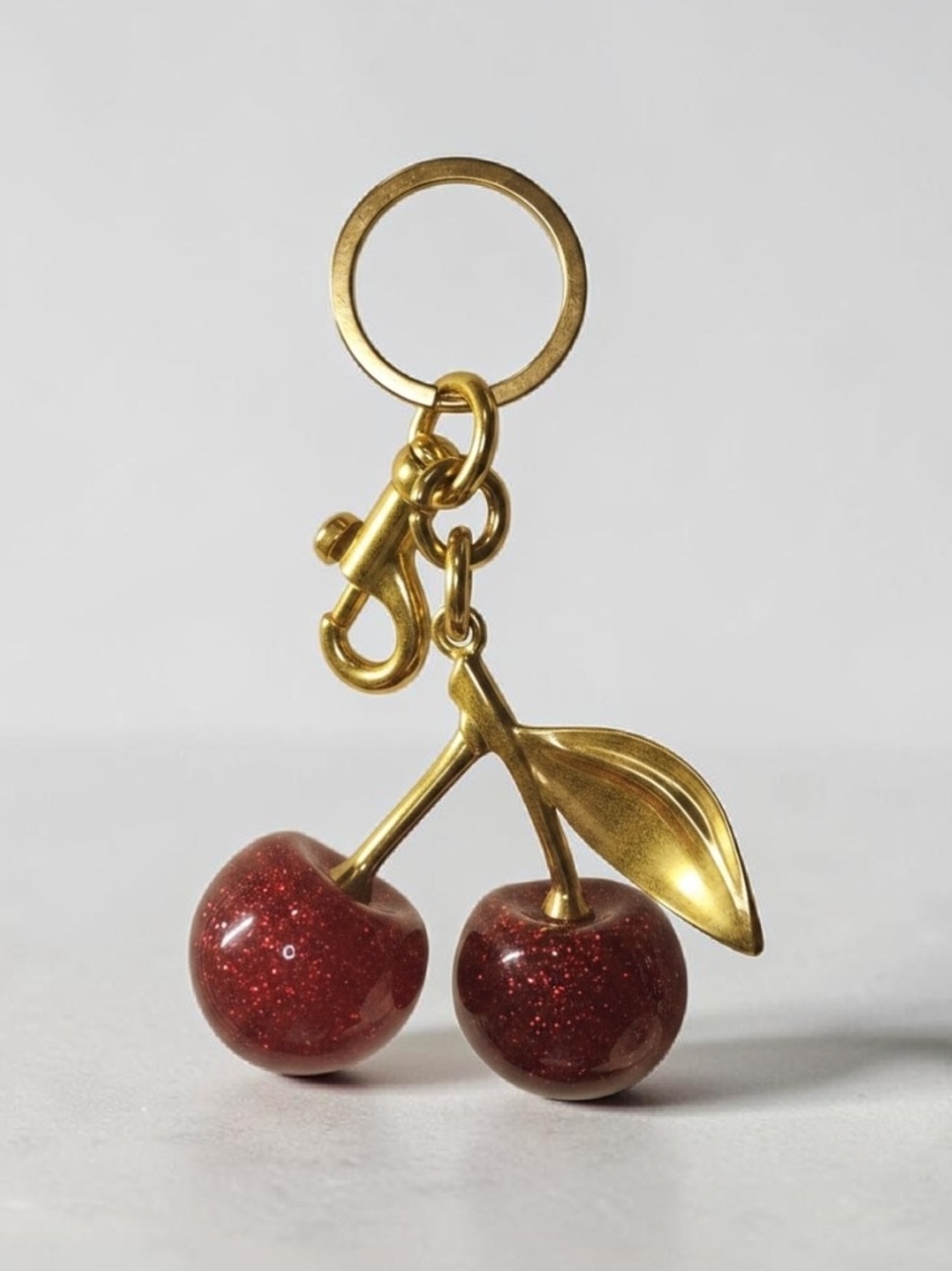 Brass Cherry Bagcharm/Keychain with Sparkling Red Cherries